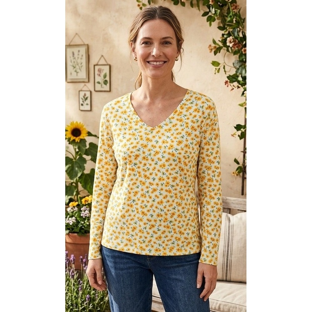 Lands End Sunflower Floral V-Neck Long Sleeve Cotton Top Women's‎ Large Vacation